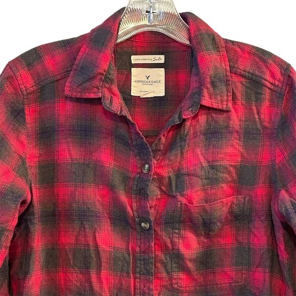 American Eagle Women's Boyfriend Fit Plaid Flannel Shirt Red Size S - Picture 7 of 11